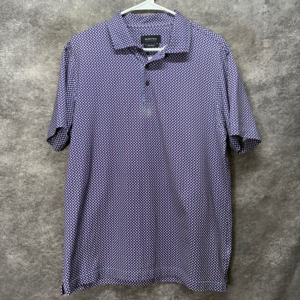 Bugatchi OoohCotton Tech Polo Shirt Mens Medium Purple Geometric 8-Way Stretch